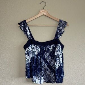 Bwear shirt womens medium flowy cropped paisley crochet ruffle tank blue & white